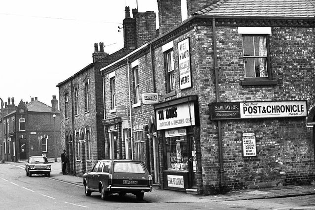 Taylor's newsagents on Frog Lane, Wigan, on the corner of Glebe End Street in 1971.