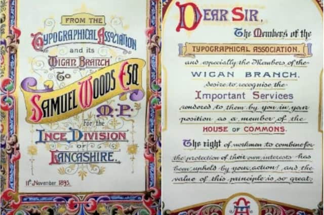 The lavishly illustrated volume was presented to Ince MP Samuel Woods on November 11, 1893