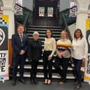 Coun Dane Anderton, Carmel Baines from Wigan Pride's Committee and Kim Ratcliffe, Claire Smallman and San Johal from Calisen