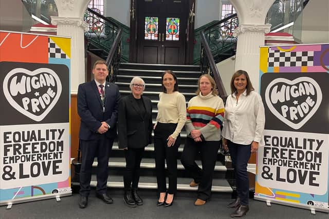 Coun Dane Anderton, Carmel Baines from Wigan Pride's Committee and Kim Ratcliffe, Claire Smallman and San Johal from Calisen