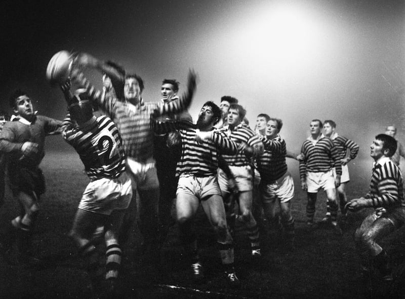 Action from the first match under Orrell Rugby Union Club's new floodlights in 1968. They were the first club in Lancashire to erect floodlights.