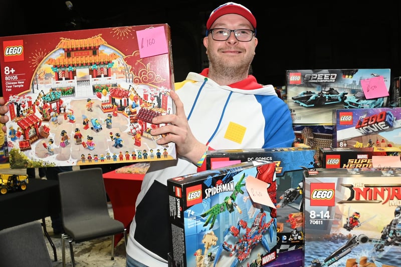 BLACKPOOL - 08-04-23  Lego fans enjoyed workshops, games, stalls and displays at Blackpool Brick Festival, held at the Winter Gardens, Blackpool.  Wayne Reed, Lego builder, buyer and seller.