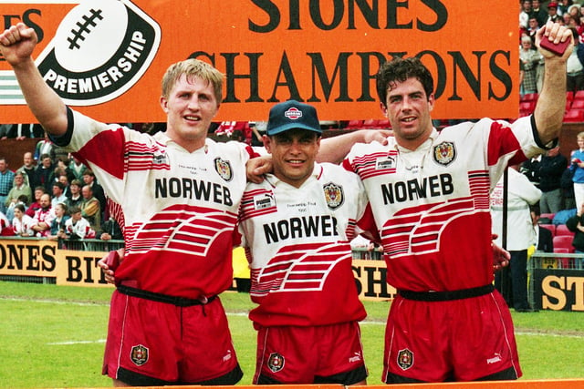 Trophy winning Wigan players Denis Betts, Frano Botica and Phil Clarke who were leaving the club after the match.
Denis Betts went to Auckland Warriors but came back to Wigan in 1998. Frano Botica also went to Auckland Warriors and Phil Clarke to Sydney City Roosters.