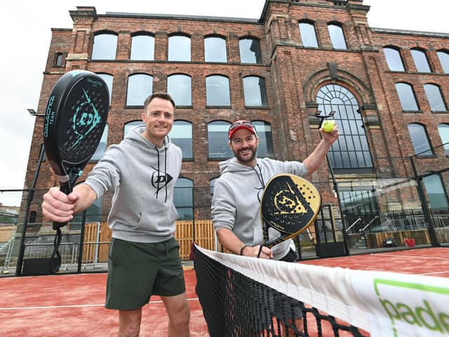 From left, Roger Lingard and Riki Bennett, co-founders of Padel Parx, who have opened two doubles courts and one singles court in the shadow of Mill One at The Cotton Works