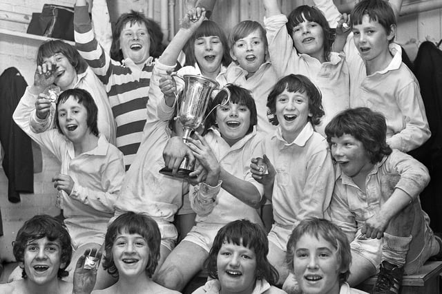 St. Thomas More RC High School Under 12s rugby league team who beat Golborne 37-0 in a Wigan Schools cup final at Central Park on Monday 9th of April 1973.