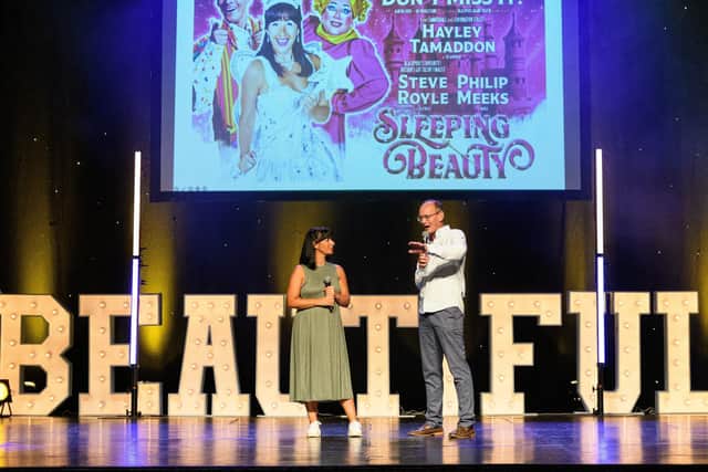 Hayley Tamaddon and Steve Royle on stage during the new programme launch for the Grand Theatre, Blackpool. Photo: Kelvin Stuttard
