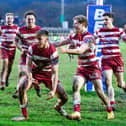 Alex Sutton celebrates after scoring the final try of the game against Whitehaven