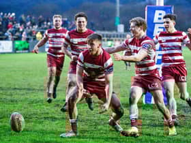 Alex Sutton celebrates after scoring the final try of the game against Whitehaven