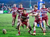 Alex Sutton celebrates after scoring the final try of the game against Whitehaven
