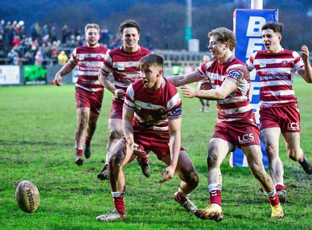 Alex Sutton celebrates after scoring the final try of the game against Whitehaven