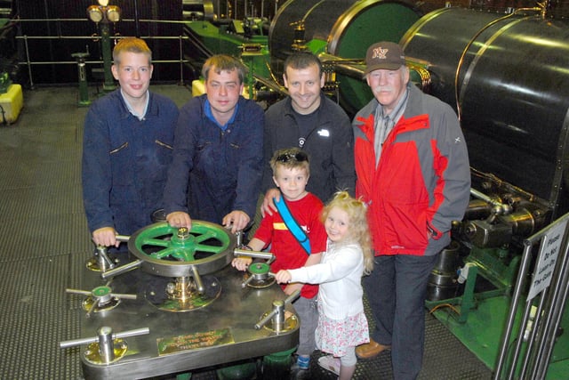 2008 - Made in Wigan event at Trencherfield Mill event - A grand day out for the Pierce family with dad Simon son Henry and daughter Ellie with granddad John joining volunteer  Garry Lally and heritage engineer David Ward .