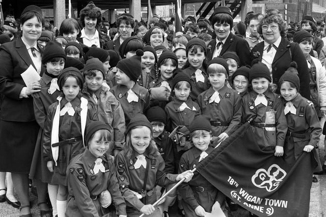 The 18th Wigan Town Brownies, St. Anne's, Beech Hill, at the St. George's Day parade on Sunday 24th of April 1983.