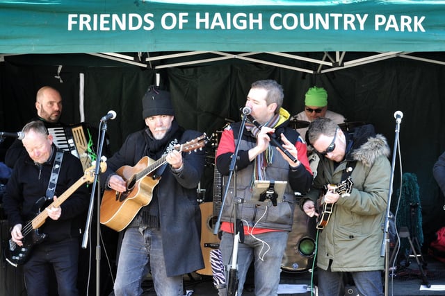 2018:  Band 'Beware Of The Pig' perform on St Patrick's Day at Haigh Woodland Park, Wigan.