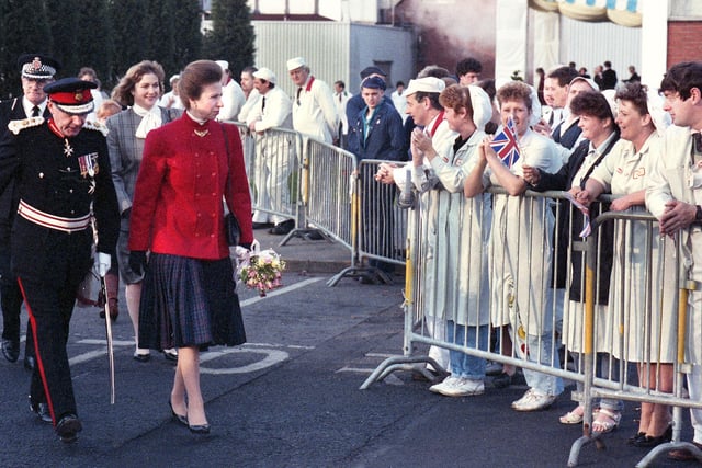 Princess Anne arrives at the Heinz Kitt Green factory on Friday 1st of December 1989 to be greeted by workers.  She was there as part of the factory's 30th anniversary celebrations and to receive a £30,000 cheque for the Save the Children Fund of which she was president.