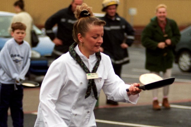 Asda carpark  Wigan was the place to be on Saturday for a charity pancake race. Tracy Pilling in  full flow in 1998.