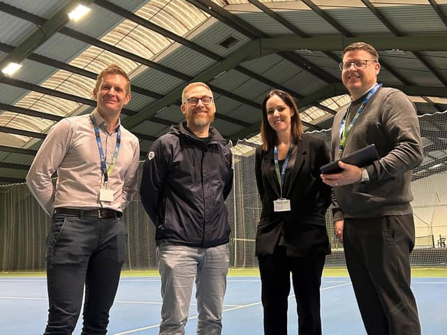 L-R: Be Well service manager Stuart Holden, Wigan Council director of strategy and innovation James Winterbottom, head of wellbeing Lynsey Johnson and Robin Park general manager Gary Highton in the tennis courts