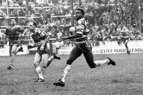 Wigan winger Martin Offiah streaks away with Shaun Edwards in support to score one of his five tries against Warrington in the Premiership Trophy 1st round match at Central Park on Sunday 25th of April 1993.
Wigan won 40-5.