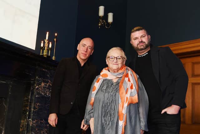 Mary Major, daughter of Wigan artist Theodore Major, with creative directors Al and Al at Haigh Hall