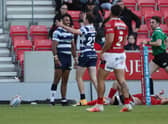 Bevan French celebrates with Jai Field after scoring his first try
