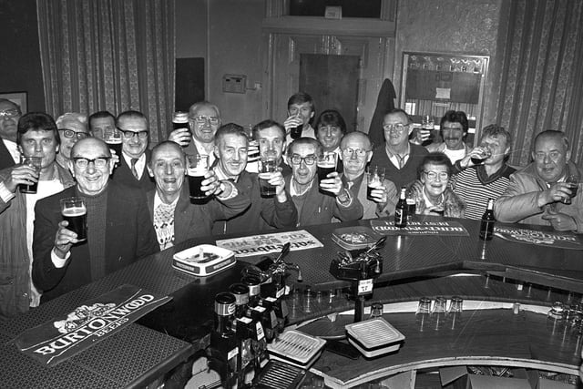 RETRO 1985 -  Time is called at The Horseshoe Pub in Scholes regulars  pictured before the pumps run dry.