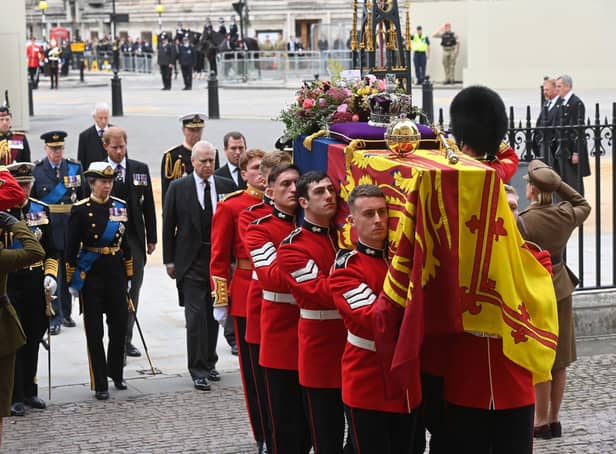 <p>Members of the Royal Family walk behind the coffin of Queen Elizabeth II outside Westminster Abbey (Picture: Geoff Pugh/pool via AP)</p>