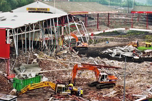 The demolition of Central Park in September 1999. The home of Wigan Rugby League Club for 97 years was to make way for a Tesco supermarket. On the 6th of September 1902 Wigan played at Central Park for the first time in the opening match of the newly formed first division. An estimated crowd of 9,000 spectators saw Wigan beat Batley 14-8.