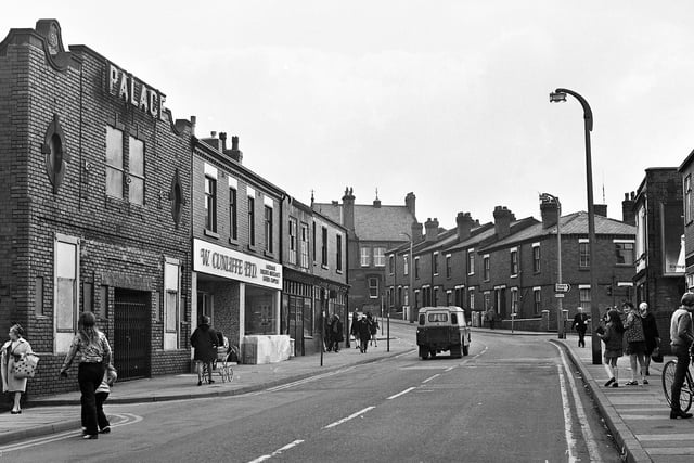 Bryn Street, Ashton, in May 1972 with the old Palace cinema, left, which closed in 1966 and eventually became a shopping arcade.