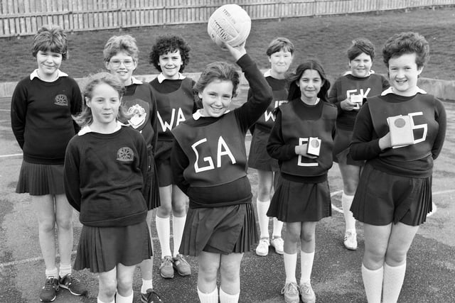 The trophy winning Millbrook Primary School, Shevington, netball team in May 1985. They had won the Butlins Venture Tournament for the third year at Pwllheli and were also runners-up in the Appley Bridge tournament.