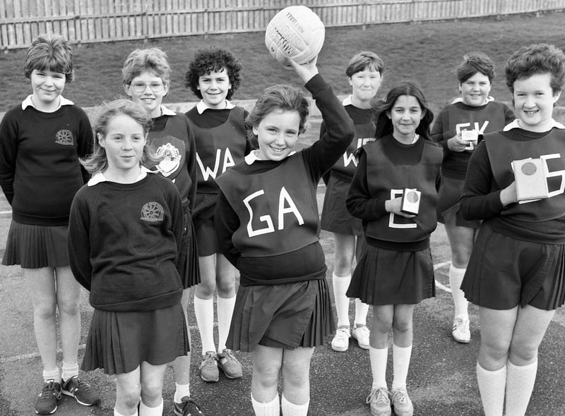 The trophy winning Millbrook Primary School, Shevington, netball team in May 1985. They had won the Butlins Venture Tournament for the third year at Pwllheli and were also runners-up in the Appley Bridge tournament.