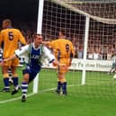 Graham Lancashire finds the back of the net at Springfield Park