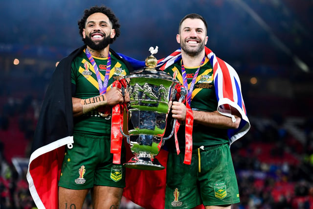 James Tedesco and Josh Addo Carr with the main prize in the men's competition.