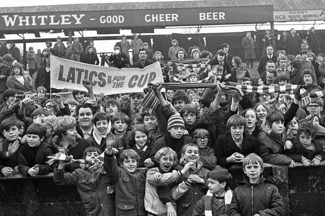 Wigan Athletic fans at the FA Trophy 3rd round match against Barnet at Springfield Park on Saturday 26th of February 1972. Wigan lost the match 2-1 with Joe Fletcher scoring the Latic's goal.