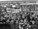 Wigan Athletic fans at the FA Trophy 3rd round match against Barnet at Springfield Park on Saturday 26th of February 1972. Wigan lost the match 2-1 with Joe Fletcher scoring the Latic's goal.