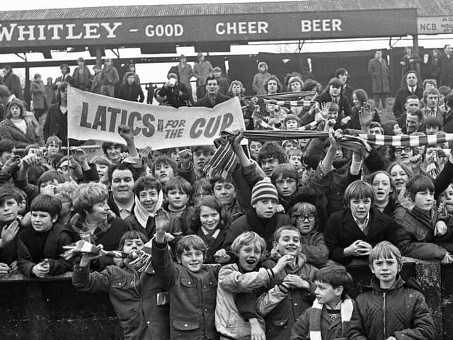 Wigan Athletic fans at the FA Trophy 3rd round match against Barnet at Springfield Park on Saturday 26th of February 1972. Wigan lost the match 2-1 with Joe Fletcher scoring the Latic's goal.