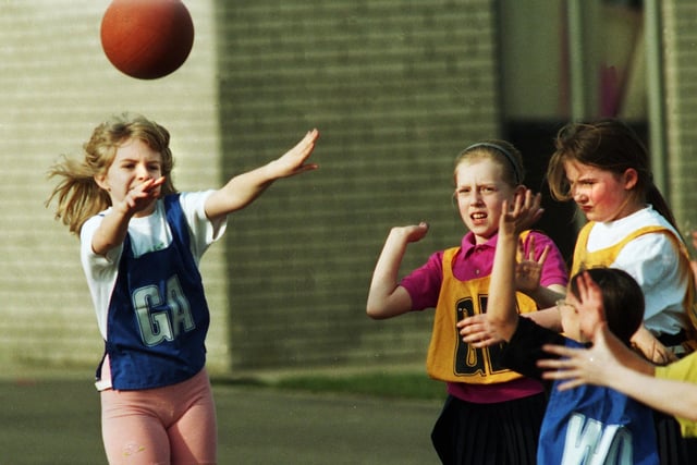 Netball action at Nicol Mere Primary School, Ashton, on Tuesday 11th of March 1997.