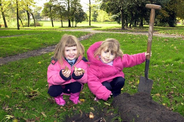 Katrina Jones and  Kayleigh Withington, from St Jude's, take part in a spring bulb planting project in 2001