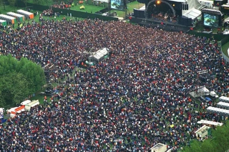 An aerial shot showing thousands of The Verve fans enjoying the spectacular concert at Haigh Hall