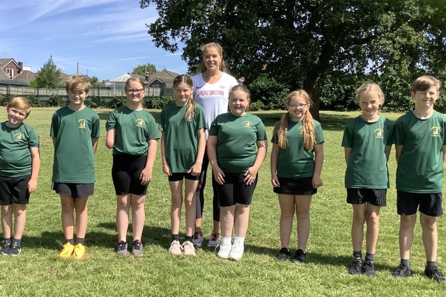 GB and Commonwealth Games Heptathlete, Katie Stainton pictured with pupils.