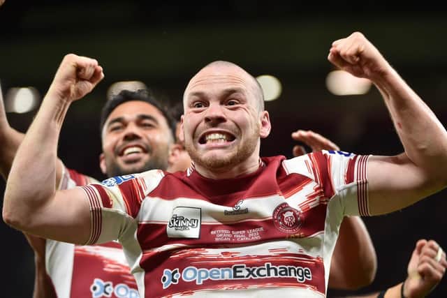 Liam Marshall celebrates his Grand Final try against Catalans