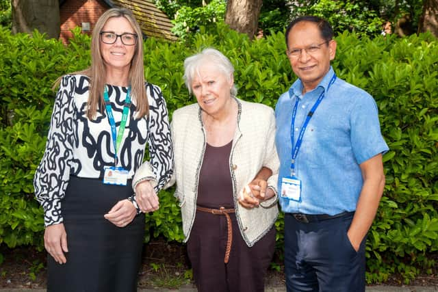 Freda Grimshaw (centre) with Prof. Sanjay Arya (right) and Shirley Martland, Associate Director of Financial Services