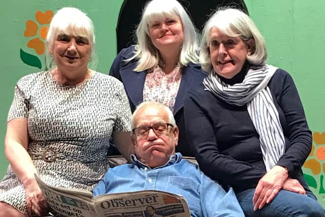 Left to right: Christine Armstrong, Nicola Reynolds and Maureen Schofield and front and centre, John Churnside reading the Observer in the production Albert Nobbs