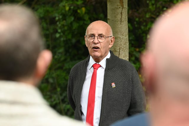 Eric Foster, ex-miner and veteran NUM member at the Wigan Workers' Memorial Day service in Mesnes Park, Wigan, organised by The Friends of Mesnes Park.