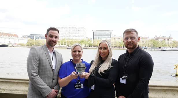Left to right: Chris Rimmer (general manager, Howe Bridge LC), Gaynor Eastham (lead officer - public health, Wigan Council), Shannon Fairhurst (HAF Coordinator, Wigan Council) and Tony Doyle (WN7 Outreach) with the National Recognition Award.