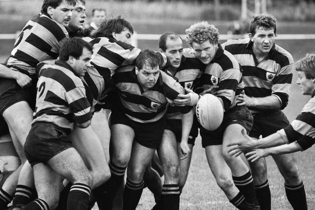 Bonding together are Orrell pack members Dave Cusani, Francis Clough, Neil Hitchen, Bob Kimmins, Sammy Southern, Tony Pegg, Danny O'Brien and Dave Cleary against London Scots in a Courage League Division 1 match at Edge Hall Road on Saturday 12th of September 1987. Orrell won 14-12.