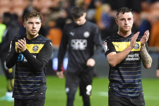 A dejected Scott Smith and Dale Taylor thank the supporters after Monday's draw at Blackpool