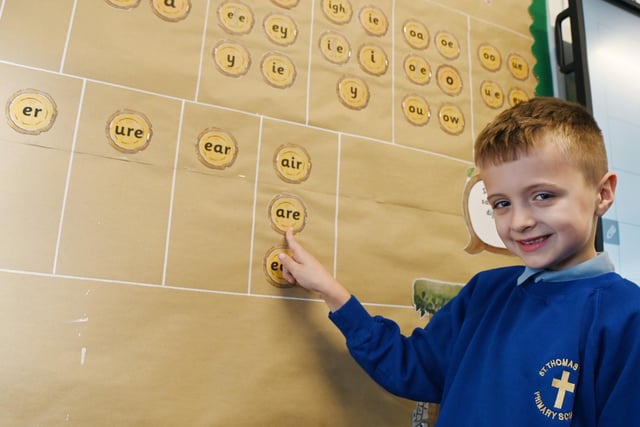 Year one pupils during a phonics lesson at St Thomas' CE Primary School, Ashton-in-Makerfield.