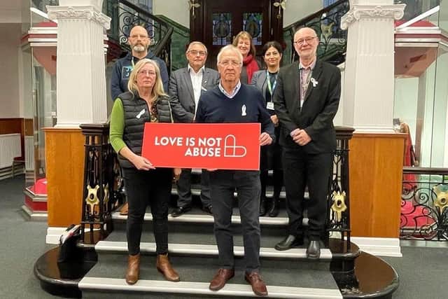 White Ribbon Day. Wigan councillors show their support to end violence towards women and reaffirm the council's commitment to the Love Is Not Abuse initiative.