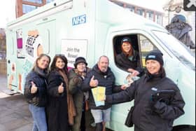 Patient representatives Nadine, Nabila, Sharon and Russ with van ambassadors Vanessa and Michaela, with the “This Van Can” bowel cancer awareness roadshow van.