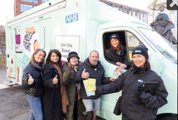 Patient representatives Nadine, Nabila, Sharon and Russ with van ambassadors Vanessa and Michaela, with the “This Van Can” bowel cancer awareness roadshow van.