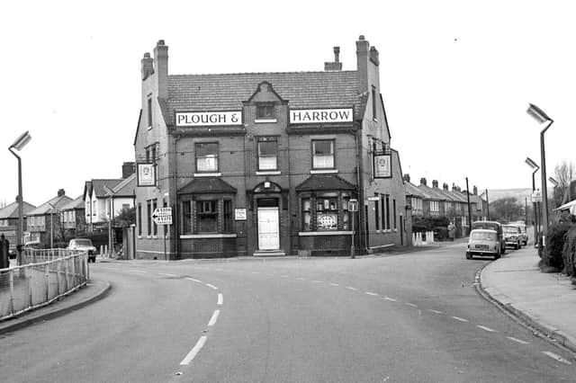 Broad o'th Lane, Shevington in 1967. The old chip shop shack is on the left on Gathurst Lane and Miles Lane is on the right with the Plough and Harrow pub dominating the scene.